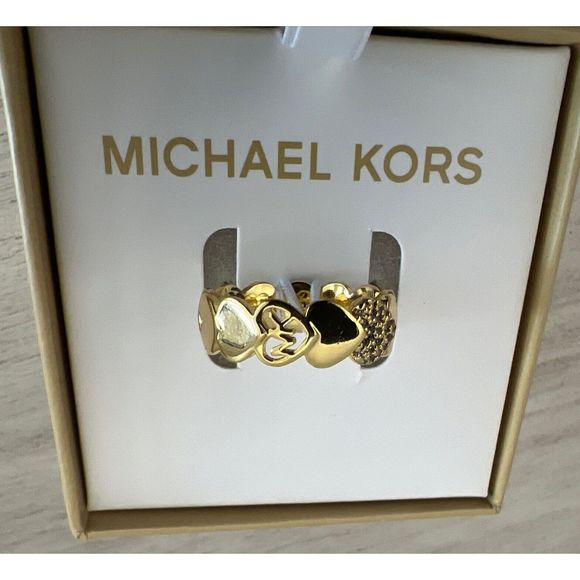 Michael Kors Gold Filled Heart, Crystal & Logo Ring Size 8 New In Box - Picture 8 of 10